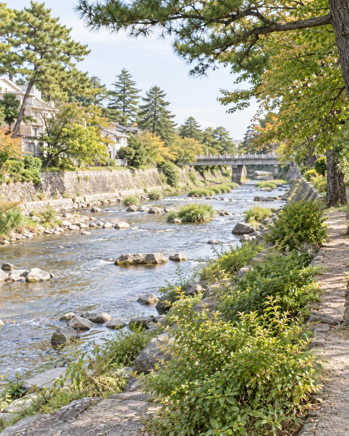 西宮・夙川をイメージした、松や緑に囲まれた静かな川沿いの風景。AI生成画像