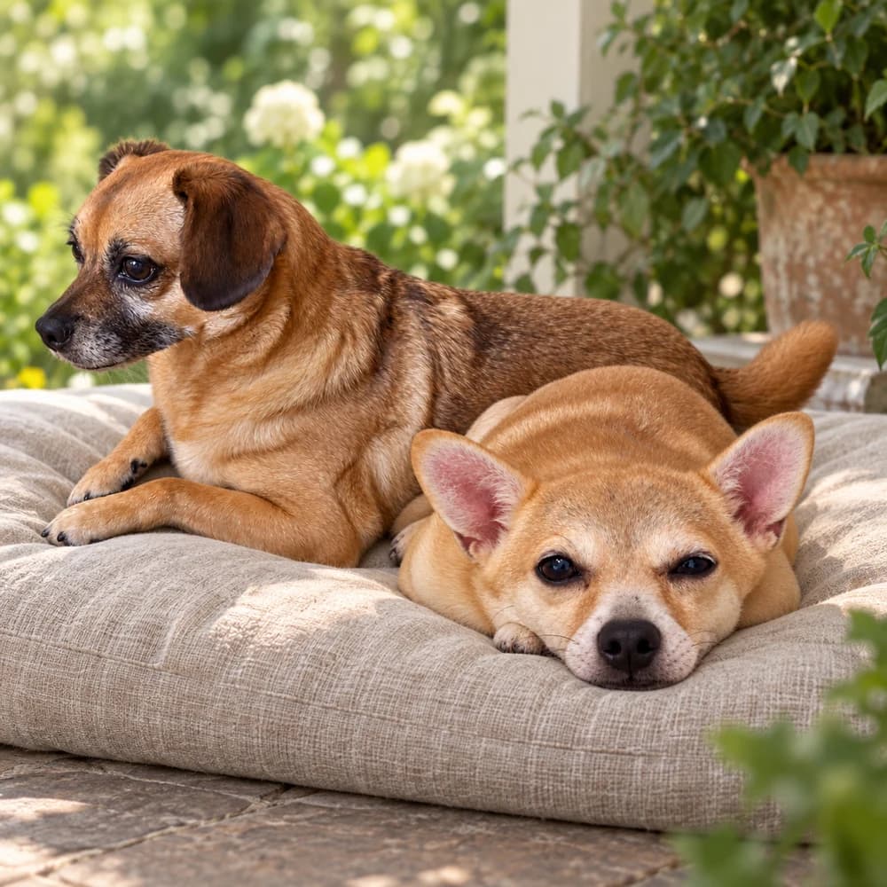 寄り添ってくつろぐ2匹の犬